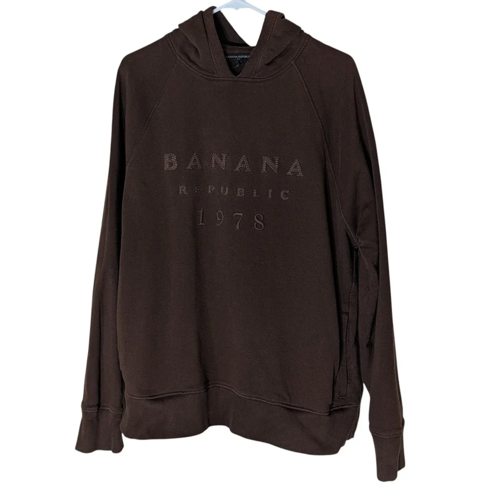Banana Republic Hooded Sweatshirt Pockets Brown‎ Textured Logo Mens Large